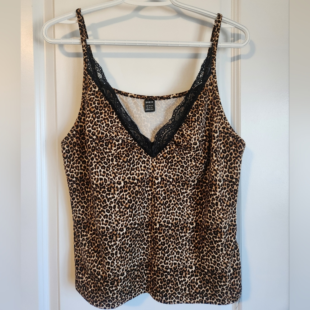 Leopard Print Lace Trim Cami Top